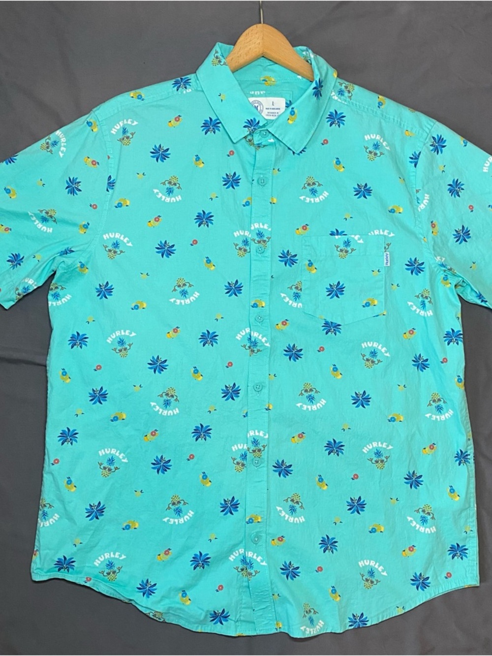 Hurley Shirt Men’s Large Hawaiian Tropical Print Button Up Stretch Fit Teal